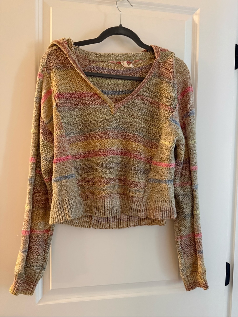 Anthropologie Daily Practice Beach V-Neck Hooded Striped Knit Sweater Size Small